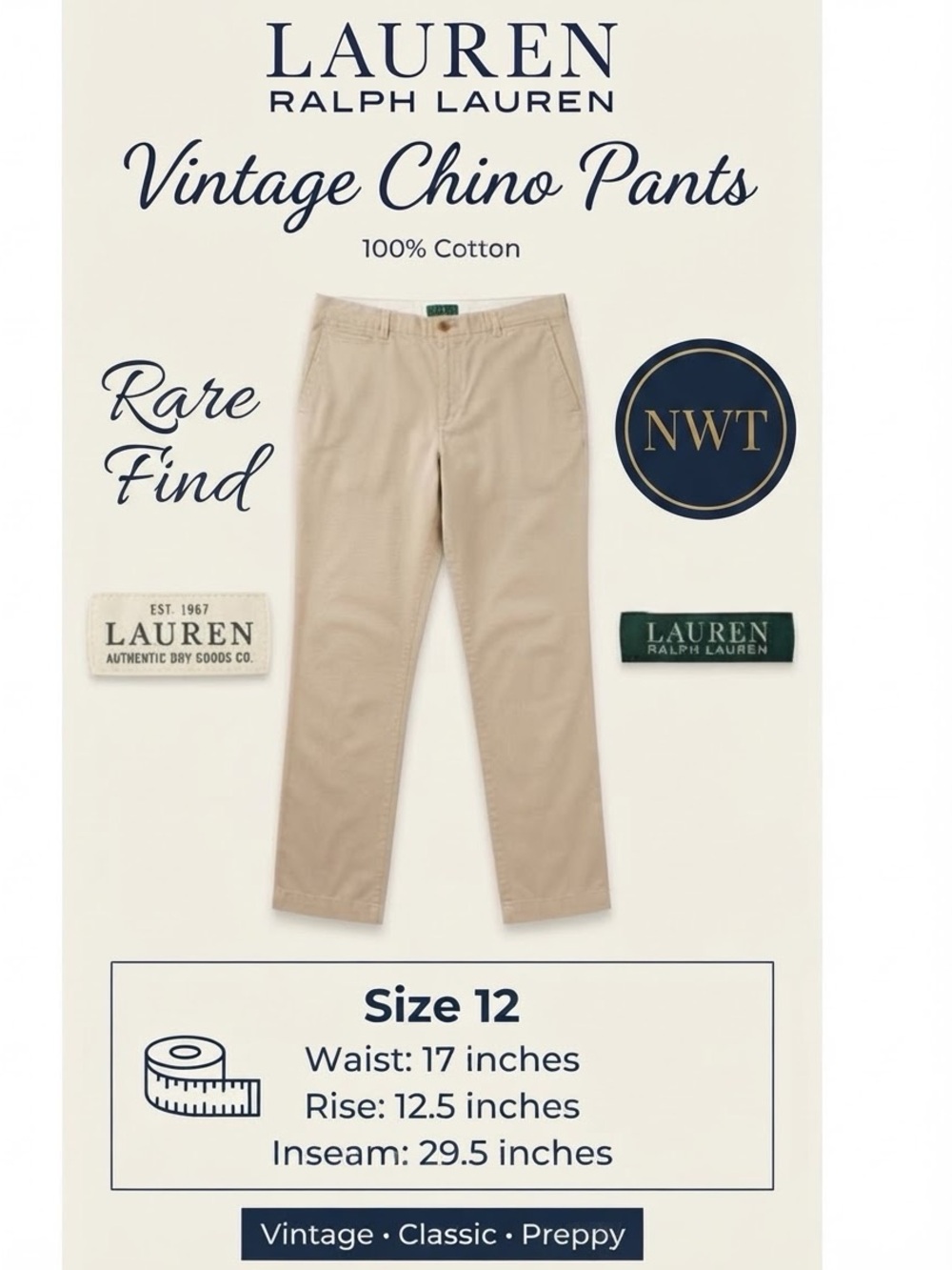 NWT Vintage Lauren Ralph Lauren Pebble Tan Chino Pants 12 Dry Goods Co